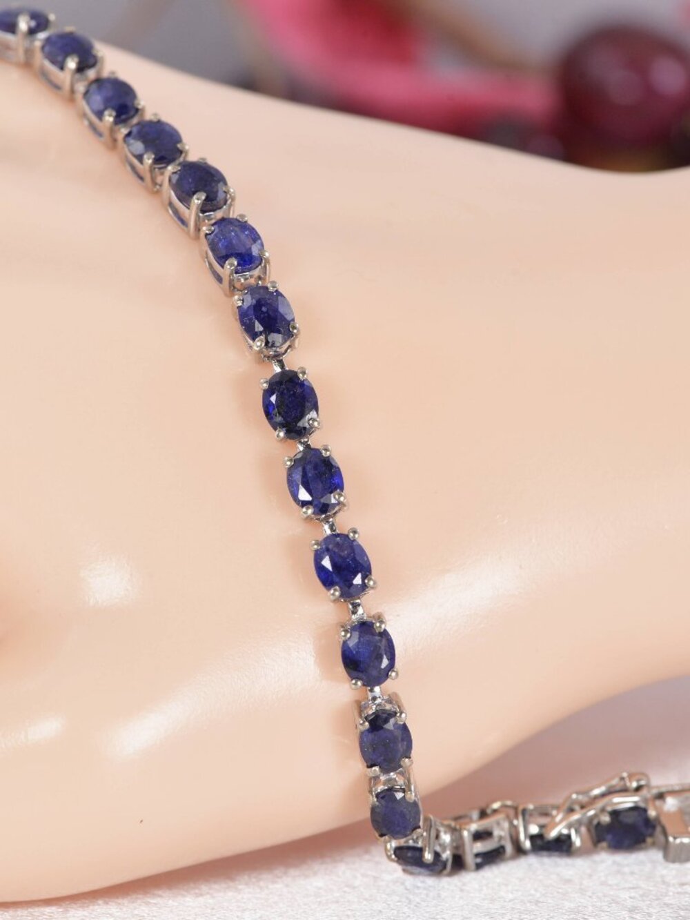 Natural Blue Sapphire Tennis Bracelet Real Solid 925, 7"